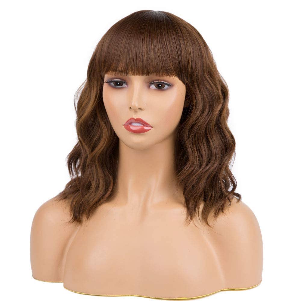 Black Mixed Brown Wig for Black Women 14 Inch Short Wavy Hair Wigs Curly Bob Wig with Bangs Wigs Shoulder Length Wigs for Black Women Bob Style Synthetic Heat Resistant Bob Wigs