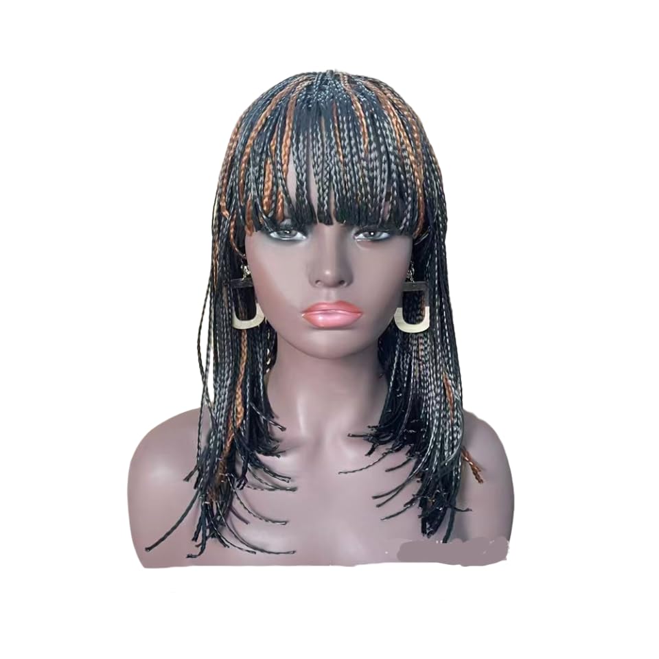 Box Braid Wig Synthetic Short Bob Wig Box Braided Wig with Bangs Cornrow Braided Wigs for Black Women (10 inches, Brown)