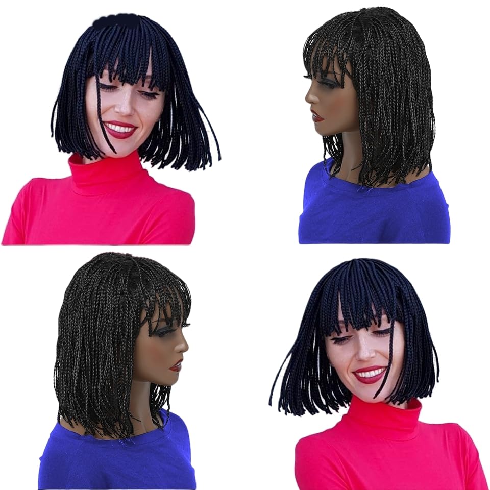 Box Braid Wig Synthetic Short Bob Wig Box Braided Wig with Bangs Cornrow Braided Wigs for Black Women (10 inches, Brown)