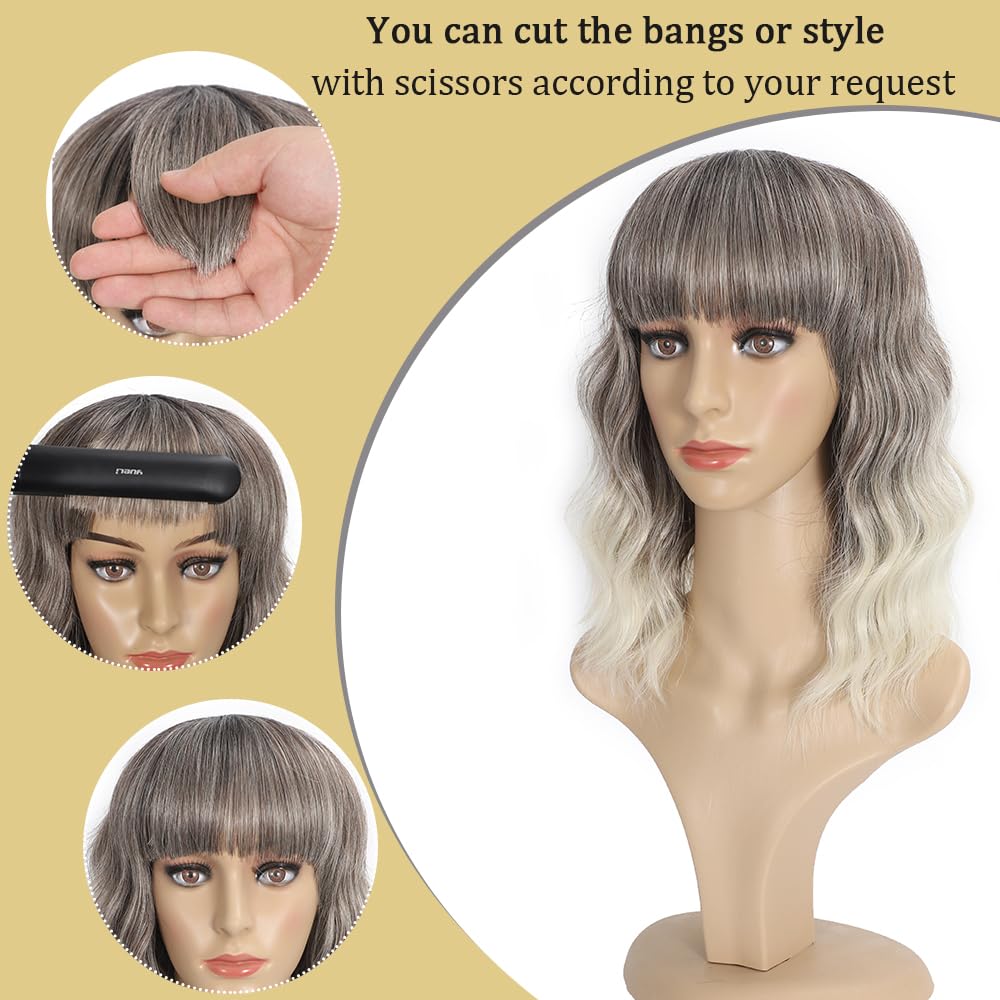 Black Mixed Brown Wig for Black Women 14 Inch Short Wavy Hair Wigs Curly Bob Wig with Bangs Wigs Shoulder Length Wigs for Black Women Bob Style Synthetic Heat Resistant Bob Wigs