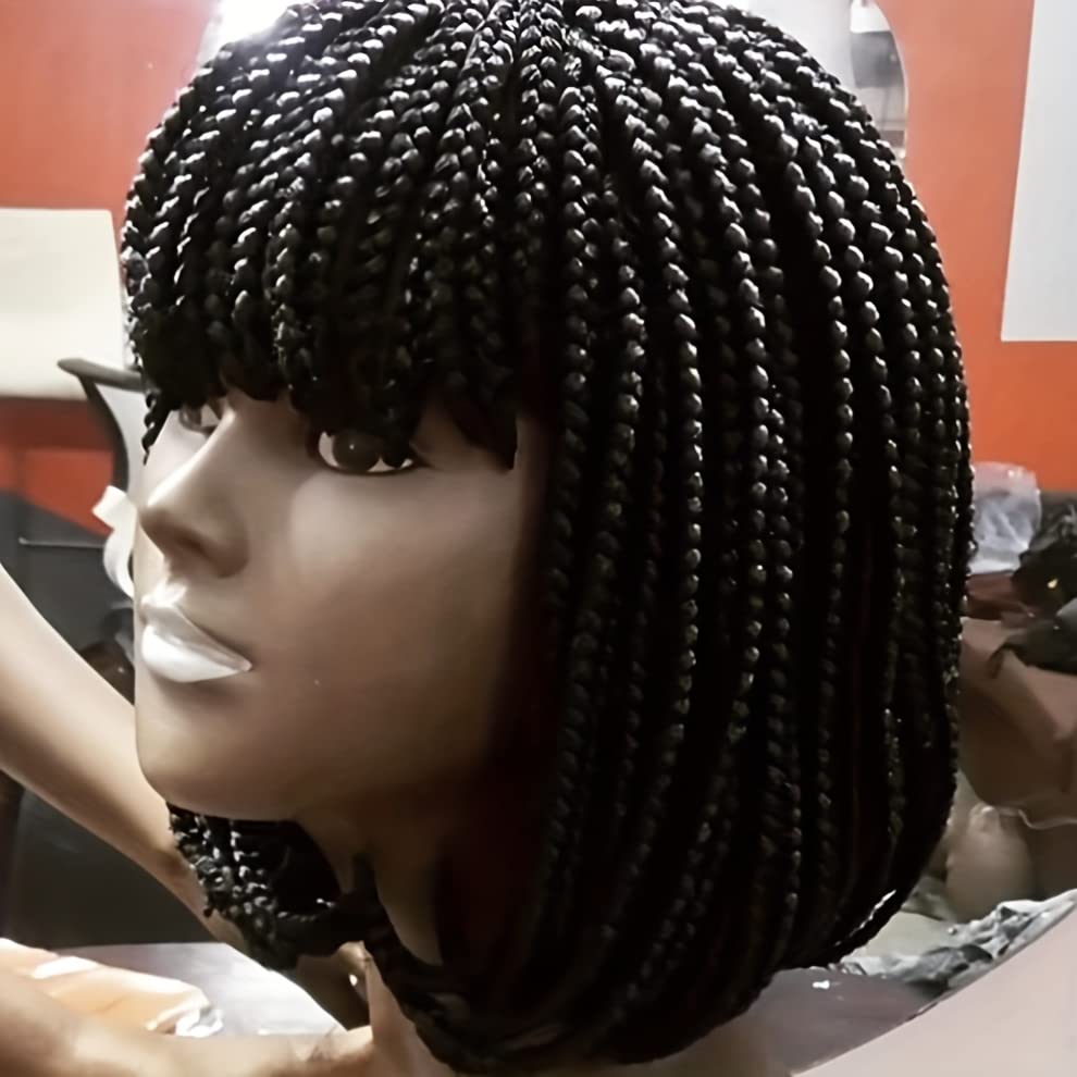 Box Braid Wig Synthetic Short Bob Wig Box Braided Wig with Bangs Cornrow Braided Wigs for Black Women (10 inches, Brown)