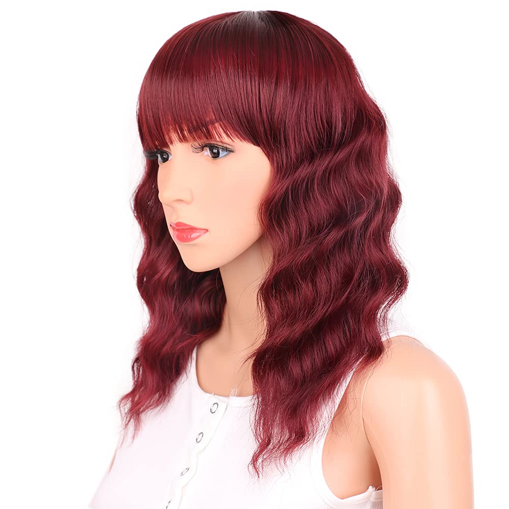 Black Mixed Brown Wig for Black Women 14 Inch Short Wavy Hair Wigs Curly Bob Wig with Bangs Wigs Shoulder Length Wigs for Black Women Bob Style Synthetic Heat Resistant Bob Wigs