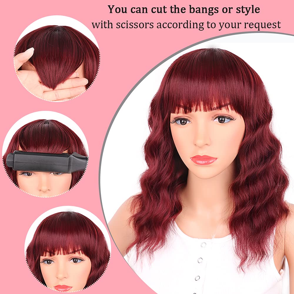 Black Mixed Brown Wig for Black Women 14 Inch Short Wavy Hair Wigs Curly Bob Wig with Bangs Wigs Shoulder Length Wigs for Black Women Bob Style Synthetic Heat Resistant Bob Wigs