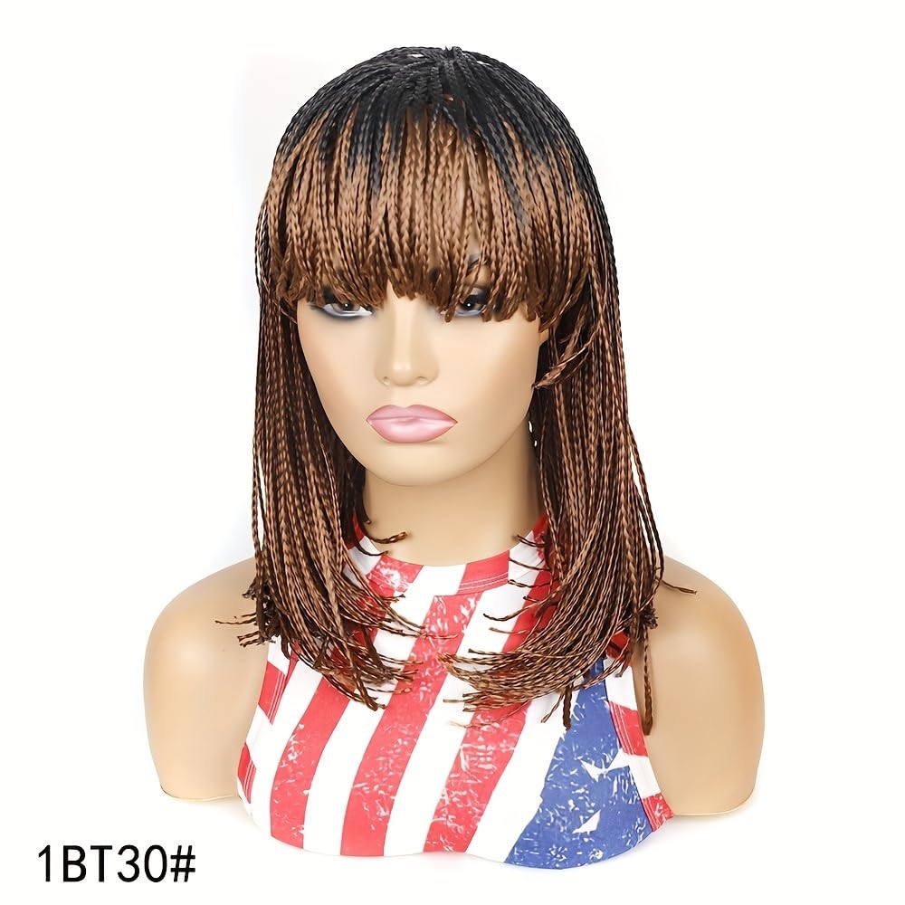 Box Braid Wig Synthetic Short Bob Wig Box Braided Wig with Bangs Cornrow Braided Wigs for Black Women (10 inches, Brown)