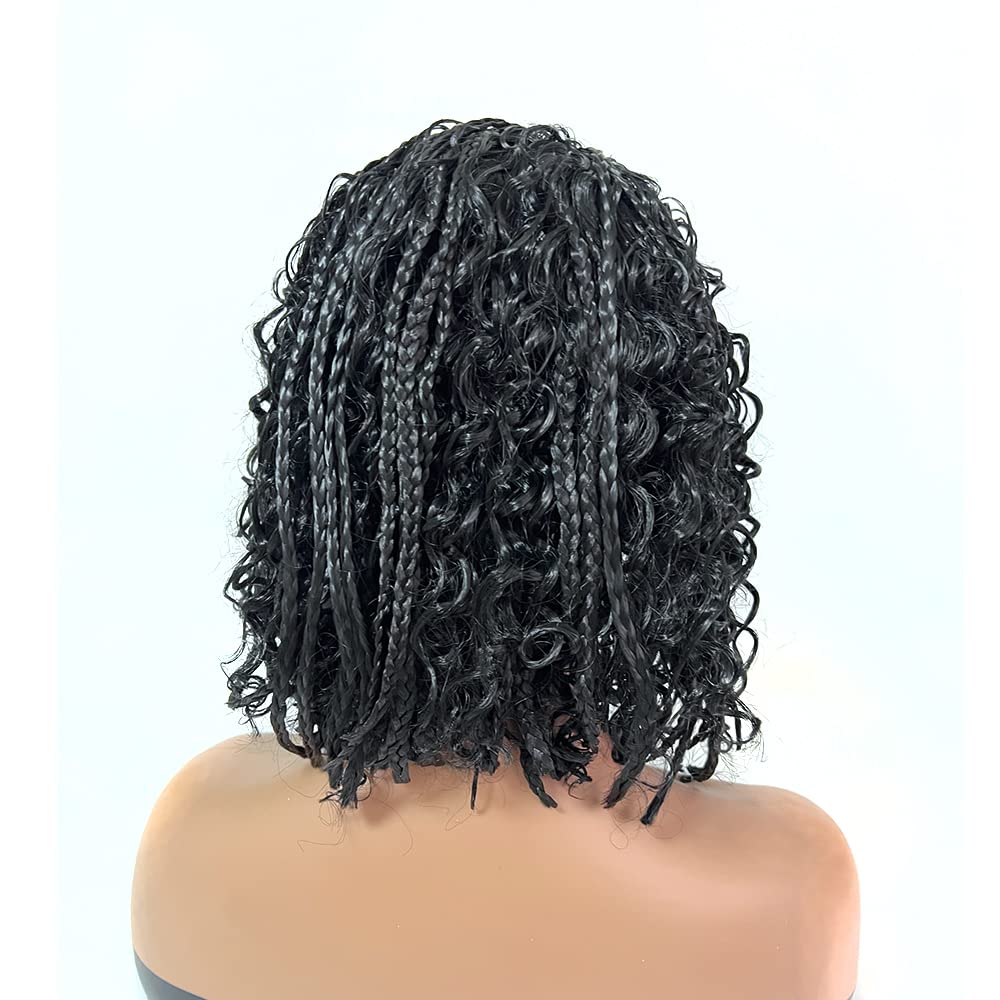 Box Braid Wig Synthetic Short Bob Wig Box Braided Wig with Bangs Cornrow Braided Wigs for Black Women (10 inches, Brown)