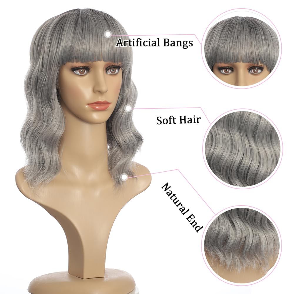 Black Mixed Brown Wig for Black Women 14 Inch Short Wavy Hair Wigs Curly Bob Wig with Bangs Wigs Shoulder Length Wigs for Black Women Bob Style Synthetic Heat Resistant Bob Wigs