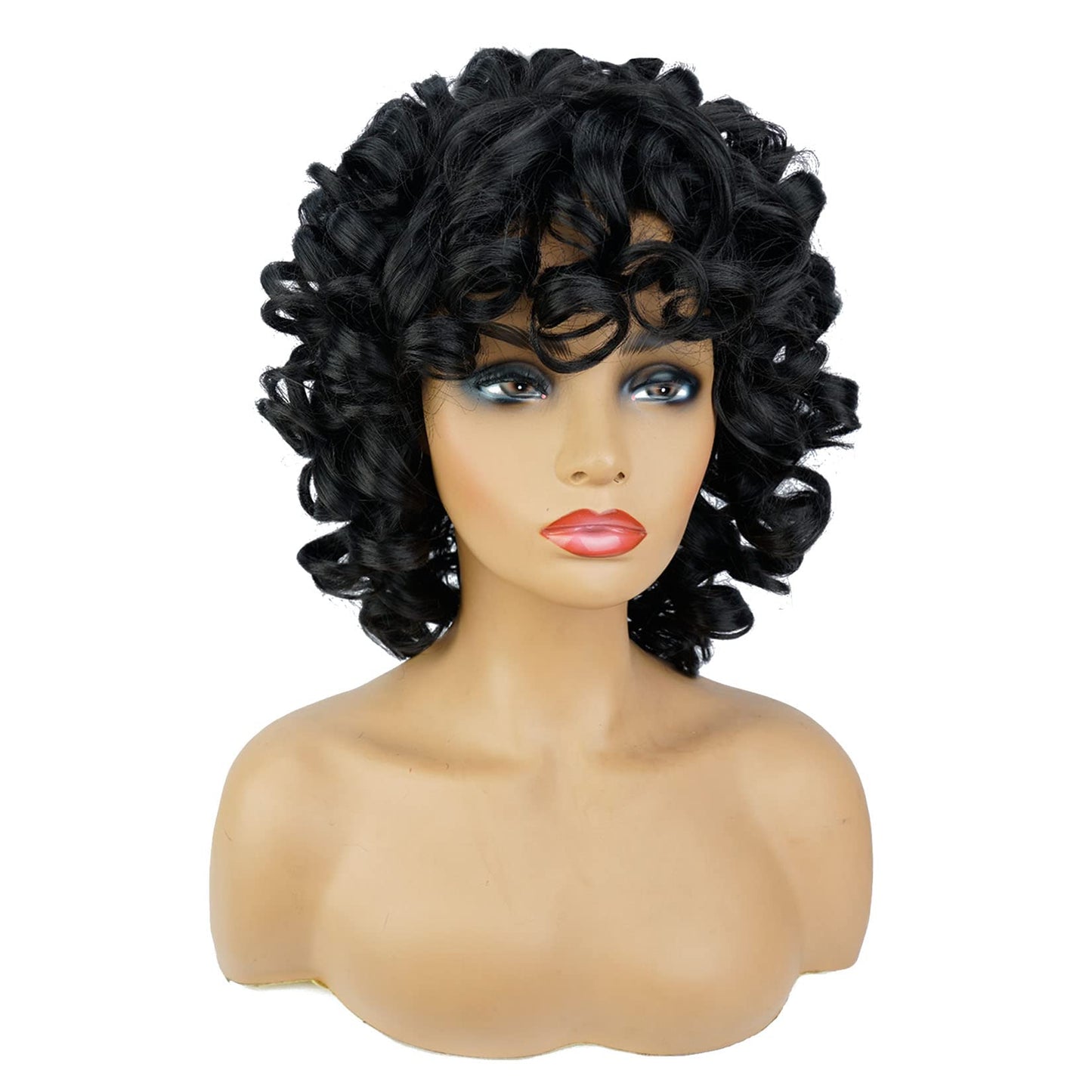 AIDUSA Curly Wigs for Black Women Synthetic Loose Curly Wigs with Bangs 14 Inch Wig Black Natural Bob Wigs for Women (#1B Natural Black)