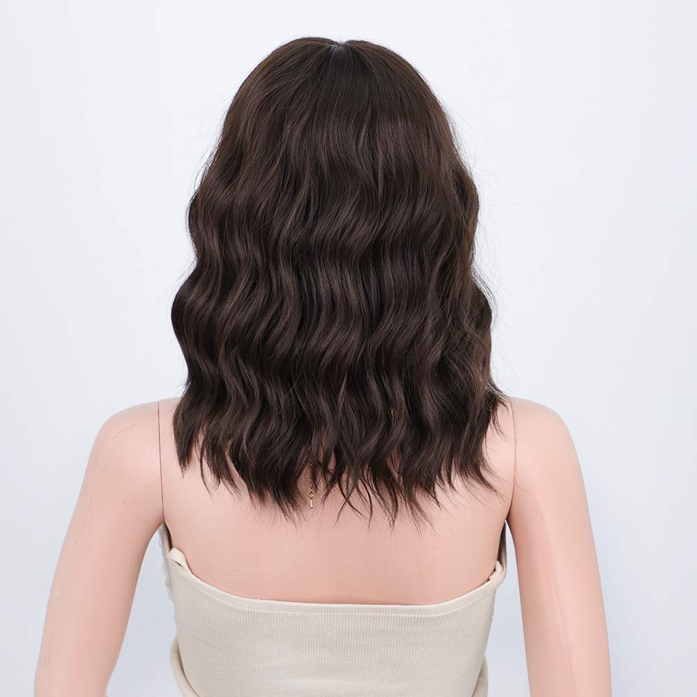Black Mixed Brown Wig for Black Women 14 Inch Short Wavy Hair Wigs Curly Bob Wig with Bangs Wigs Shoulder Length Wigs for Black Women Bob Style Synthetic Heat Resistant Bob Wigs