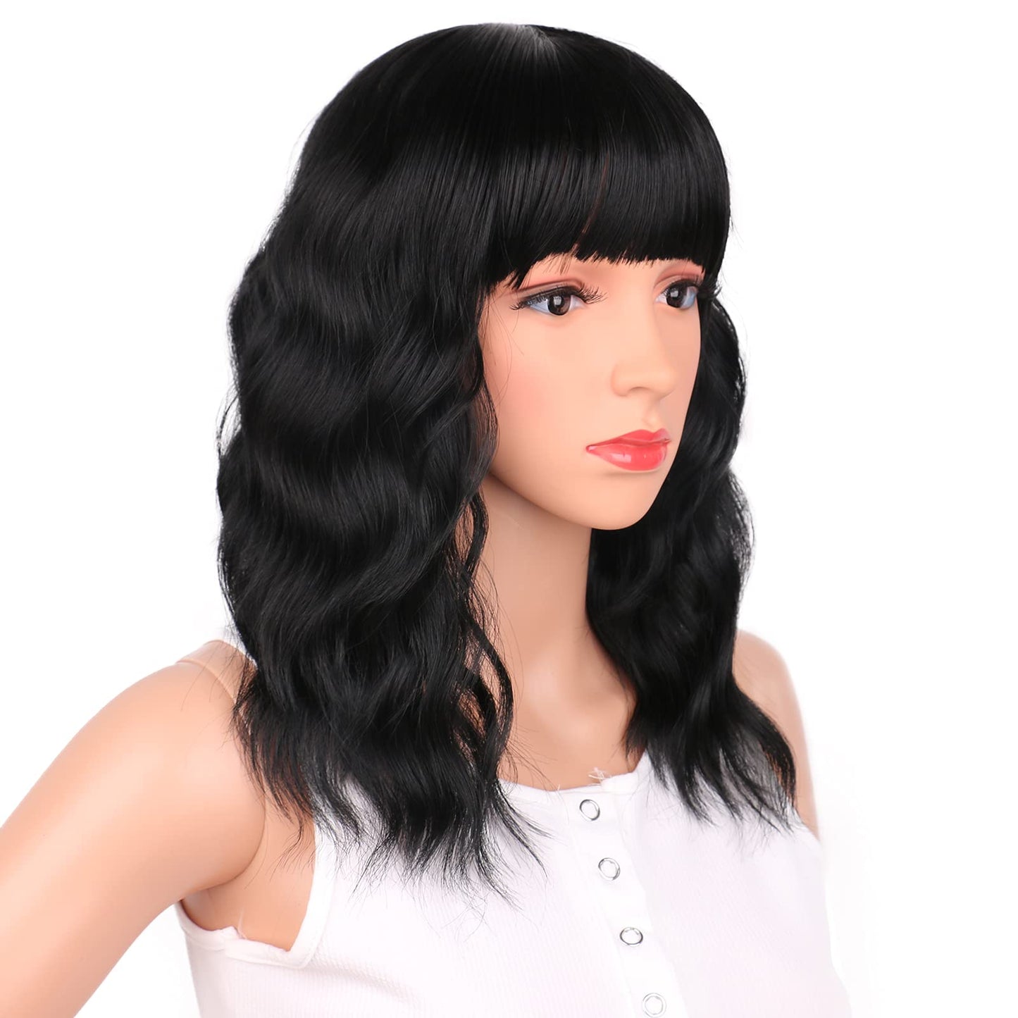 Black Mixed Brown Wig for Black Women 14 Inch Short Wavy Hair Wigs Curly Bob Wig with Bangs Wigs Shoulder Length Wigs for Black Women Bob Style Synthetic Heat Resistant Bob Wigs