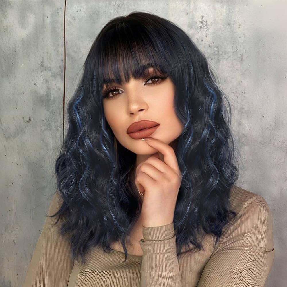 Black Mixed Brown Wig for Black Women 14 Inch Short Wavy Hair Wigs Curly Bob Wig with Bangs Wigs Shoulder Length Wigs for Black Women Bob Style Synthetic Heat Resistant Bob Wigs