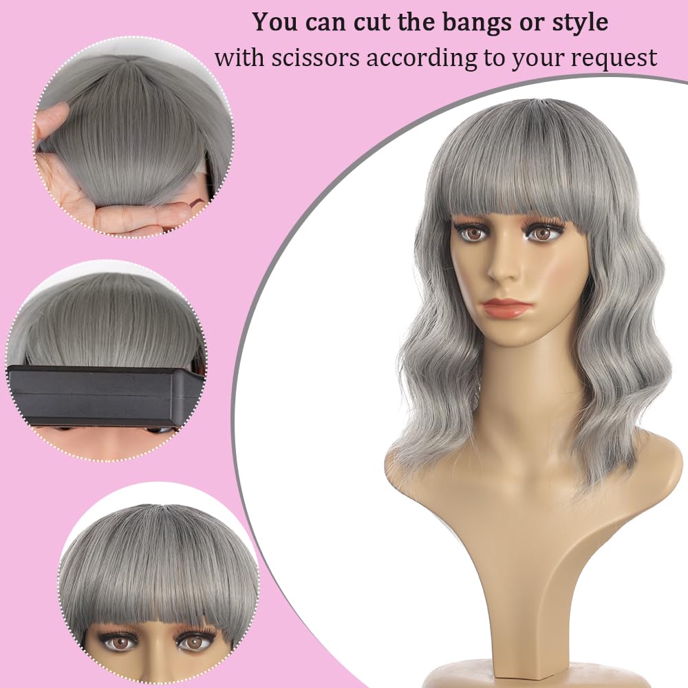 Black Mixed Brown Wig for Black Women 14 Inch Short Wavy Hair Wigs Curly Bob Wig with Bangs Wigs Shoulder Length Wigs for Black Women Bob Style Synthetic Heat Resistant Bob Wigs