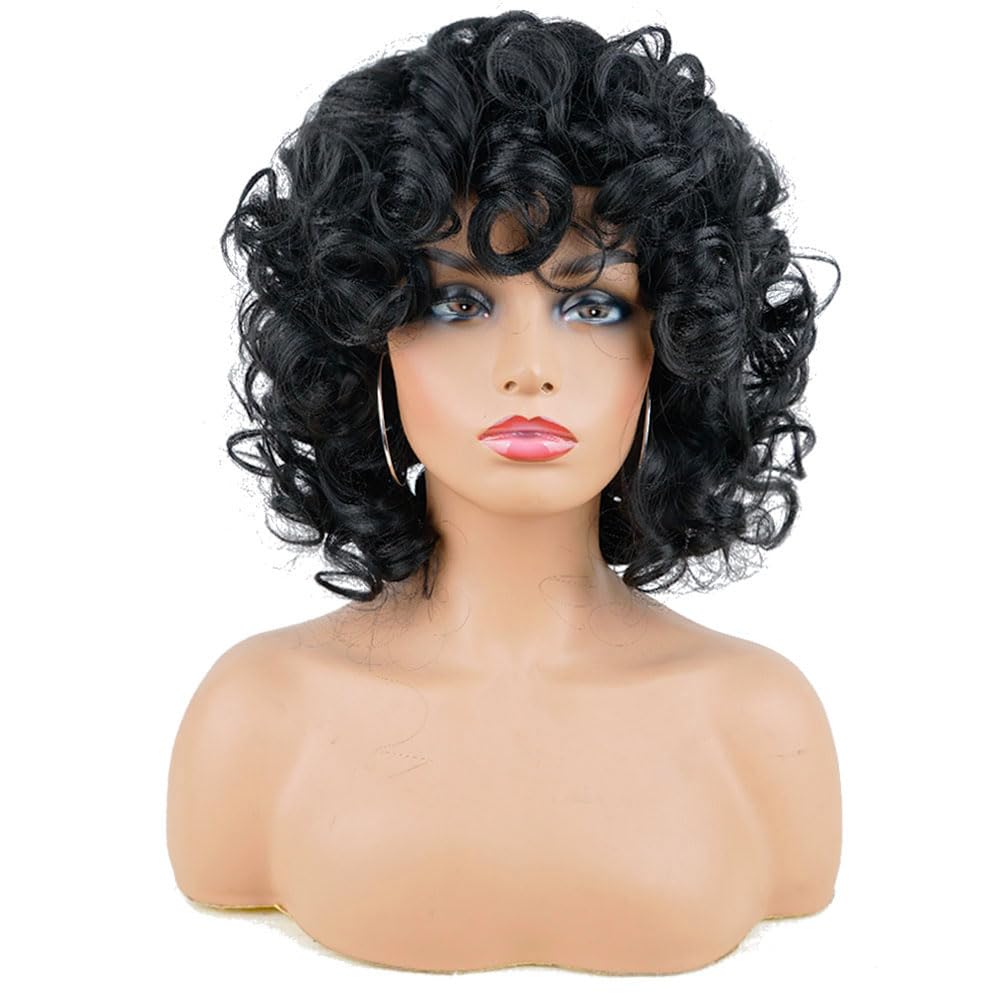 AIDUSA Curly Wigs for Black Women Synthetic Loose Curly Wigs with Bangs 14 Inch Wig Black Natural Bob Wigs for Women (#1B Natural Black)