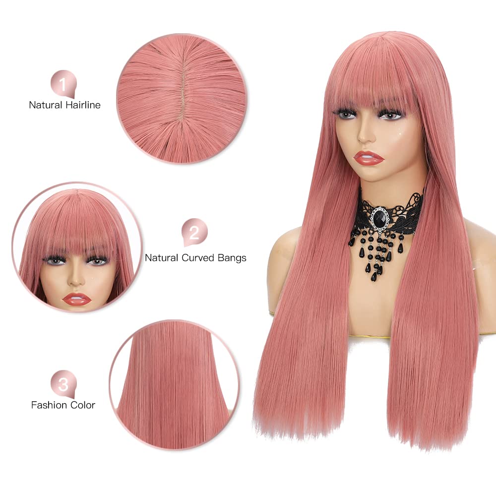 Blonde Highlight Wigs for Women, Blonde Mix Brown Wig with Bangs Silky Soft Fiber Synthetic Wig for Daily Party Use(24 Inch,Blonde Highlight)