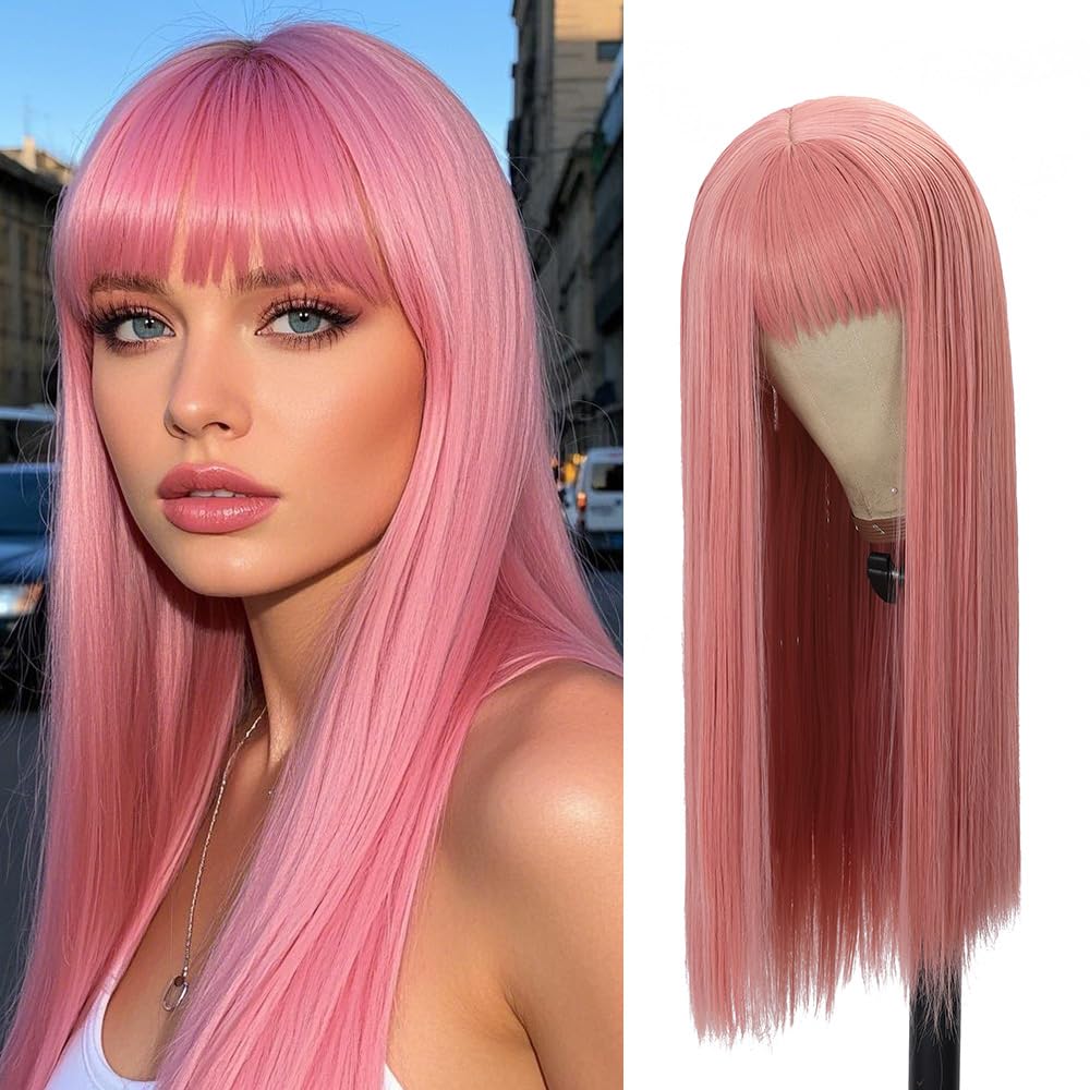Blonde Highlight Wigs for Women, Blonde Mix Brown Wig with Bangs Silky Soft Fiber Synthetic Wig for Daily Party Use(24 Inch,Blonde Highlight)