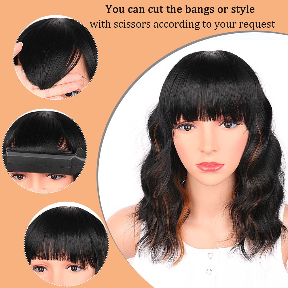 Black Mixed Brown Wig for Black Women 14 Inch Short Wavy Hair Wigs Curly Bob Wig with Bangs Wigs Shoulder Length Wigs for Black Women Bob Style Synthetic Heat Resistant Bob Wigs