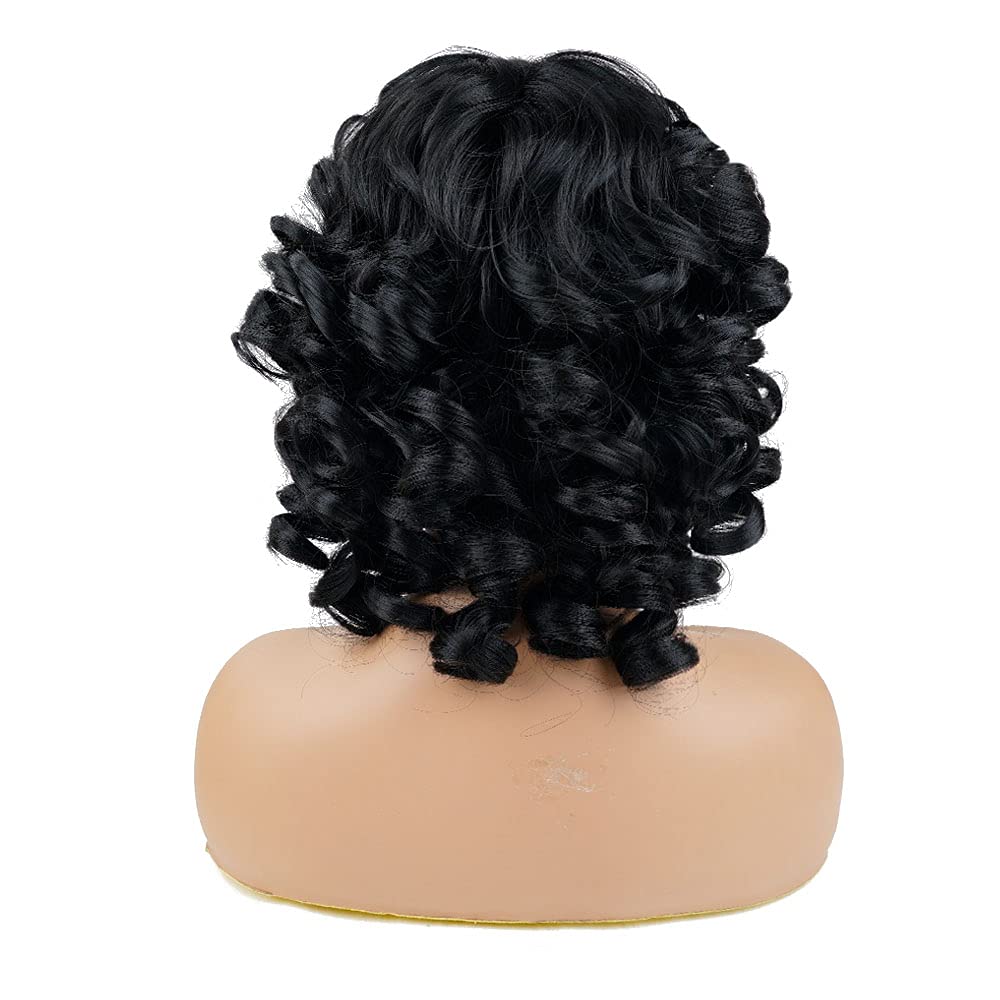 AIDUSA Curly Wigs for Black Women Synthetic Loose Curly Wigs with Bangs 14 Inch Wig Black Natural Bob Wigs for Women (#1B Natural Black)