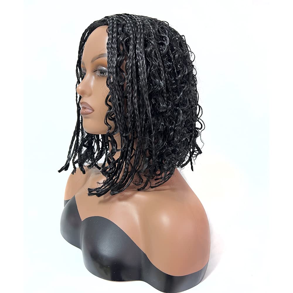 Box Braid Wig Synthetic Short Bob Wig Box Braided Wig with Bangs Cornrow Braided Wigs for Black Women (10 inches, Brown)