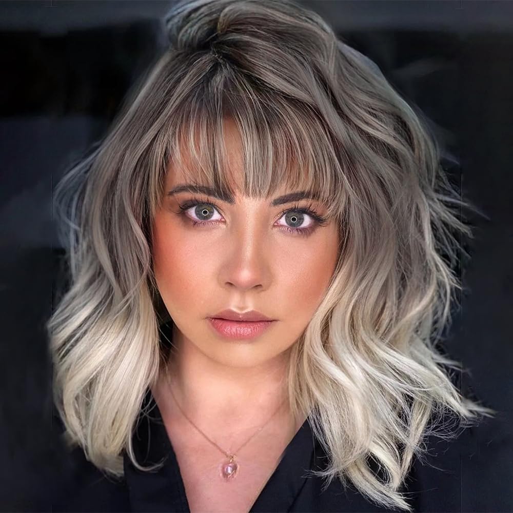Black Mixed Brown Wig for Black Women 14 Inch Short Wavy Hair Wigs Curly Bob Wig with Bangs Wigs Shoulder Length Wigs for Black Women Bob Style Synthetic Heat Resistant Bob Wigs