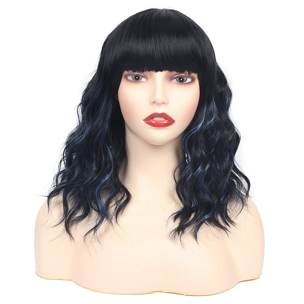 Black Mixed Brown Wig for Black Women 14 Inch Short Wavy Hair Wigs Curly Bob Wig with Bangs Wigs Shoulder Length Wigs for Black Women Bob Style Synthetic Heat Resistant Bob Wigs