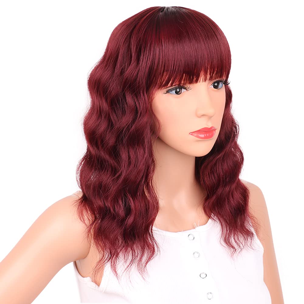 Black Mixed Brown Wig for Black Women 14 Inch Short Wavy Hair Wigs Curly Bob Wig with Bangs Wigs Shoulder Length Wigs for Black Women Bob Style Synthetic Heat Resistant Bob Wigs
