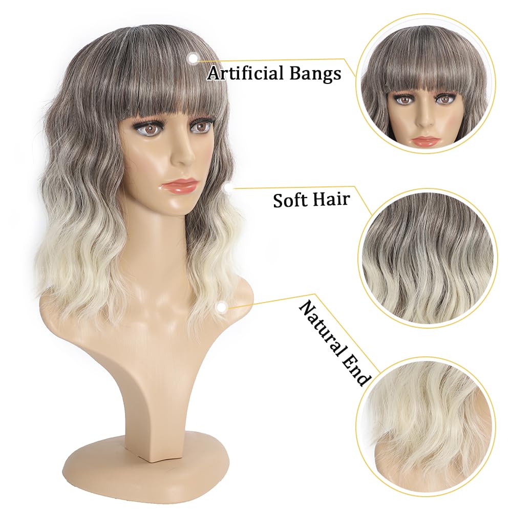Black Mixed Brown Wig for Black Women 14 Inch Short Wavy Hair Wigs Curly Bob Wig with Bangs Wigs Shoulder Length Wigs for Black Women Bob Style Synthetic Heat Resistant Bob Wigs