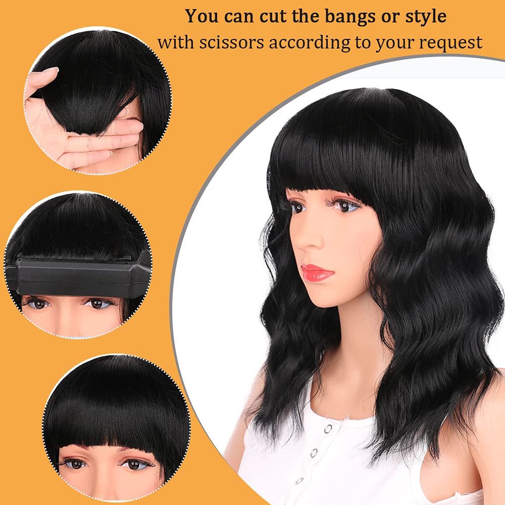 Black Mixed Brown Wig for Black Women 14 Inch Short Wavy Hair Wigs Curly Bob Wig with Bangs Wigs Shoulder Length Wigs for Black Women Bob Style Synthetic Heat Resistant Bob Wigs