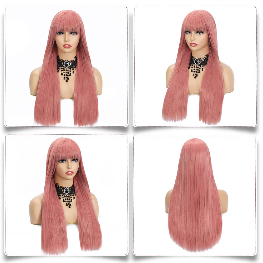 Blonde Highlight Wigs for Women, Blonde Mix Brown Wig with Bangs Silky Soft Fiber Synthetic Wig for Daily Party Use(24 Inch,Blonde Highlight)