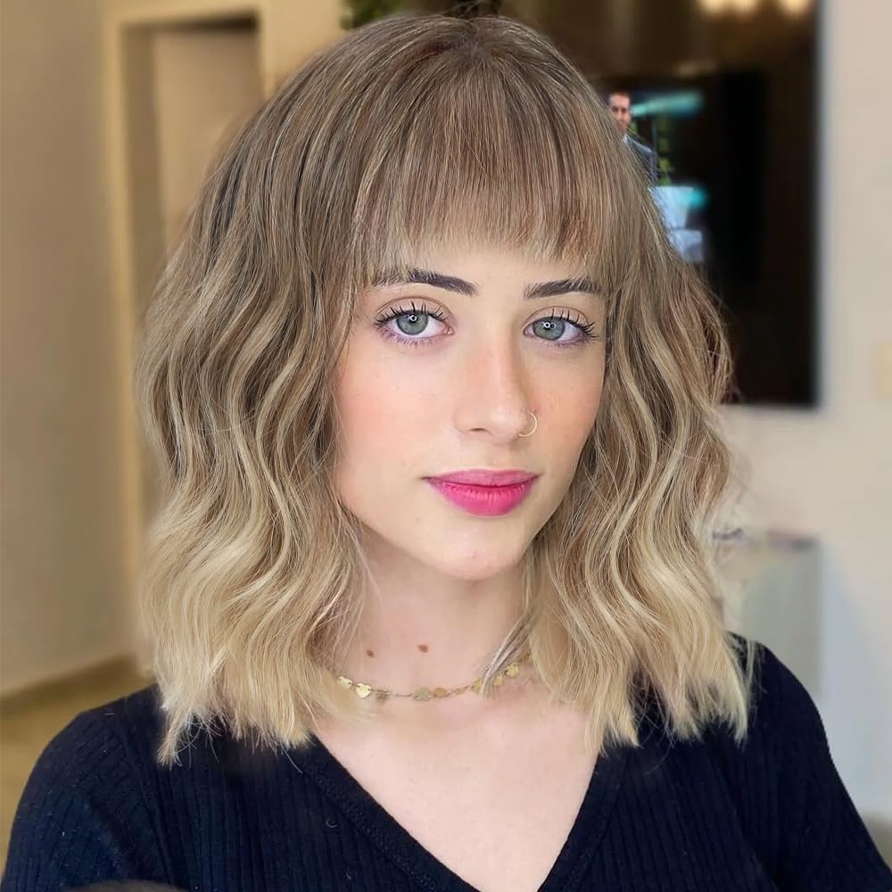Black Mixed Brown Wig for Black Women 14 Inch Short Wavy Hair Wigs Curly Bob Wig with Bangs Wigs Shoulder Length Wigs for Black Women Bob Style Synthetic Heat Resistant Bob Wigs