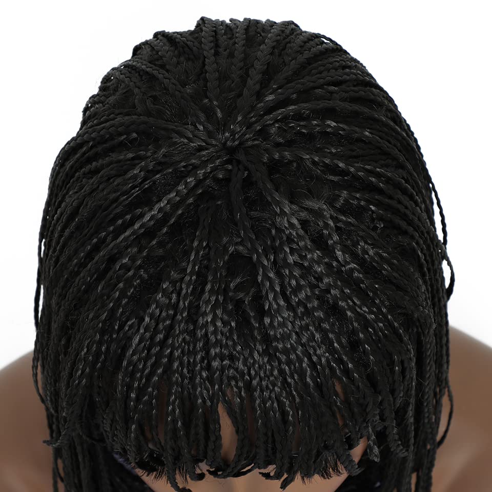 Box Braid Wig Synthetic Short Bob Wig Box Braided Wig with Bangs Cornrow Braided Wigs for Black Women (10 inches, Brown)