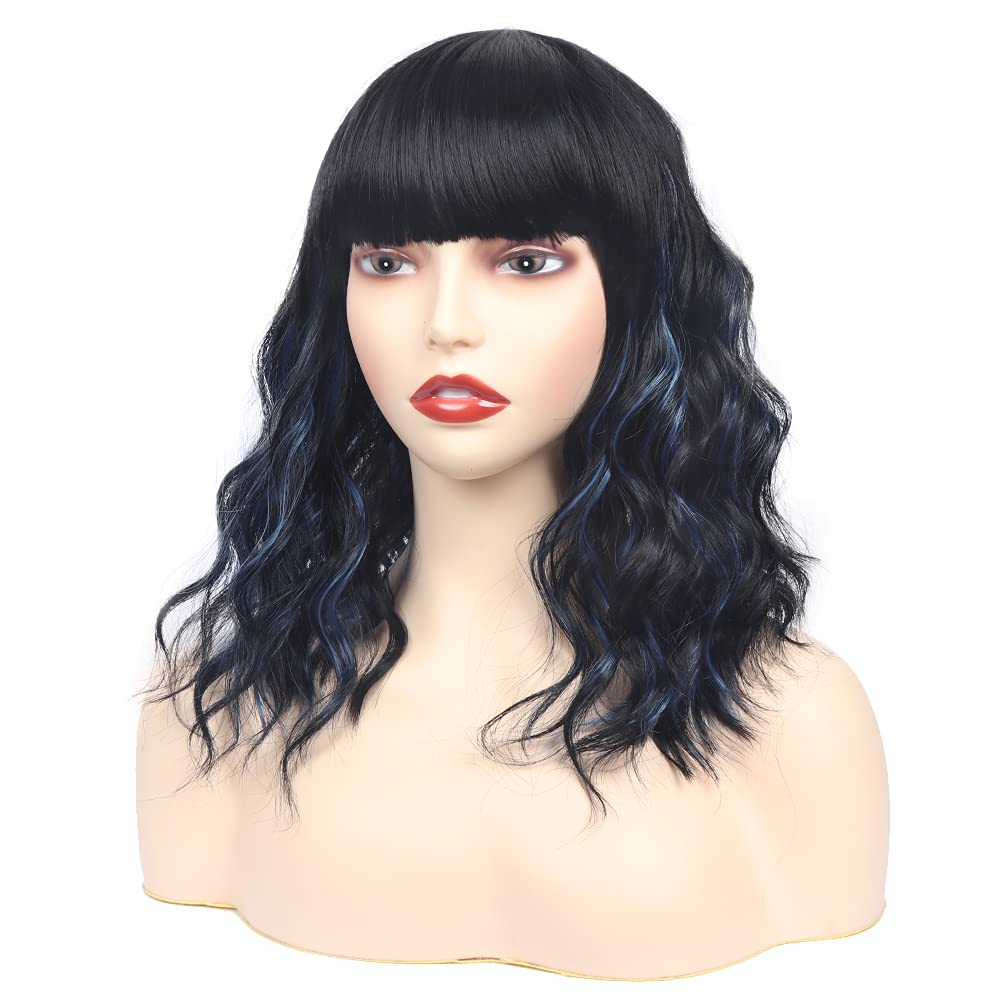 Black Mixed Brown Wig for Black Women 14 Inch Short Wavy Hair Wigs Curly Bob Wig with Bangs Wigs Shoulder Length Wigs for Black Women Bob Style Synthetic Heat Resistant Bob Wigs
