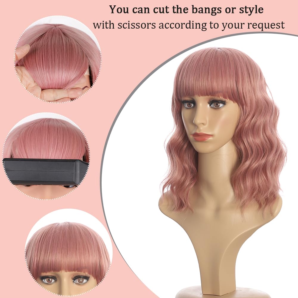 Black Mixed Brown Wig for Black Women 14 Inch Short Wavy Hair Wigs Curly Bob Wig with Bangs Wigs Shoulder Length Wigs for Black Women Bob Style Synthetic Heat Resistant Bob Wigs
