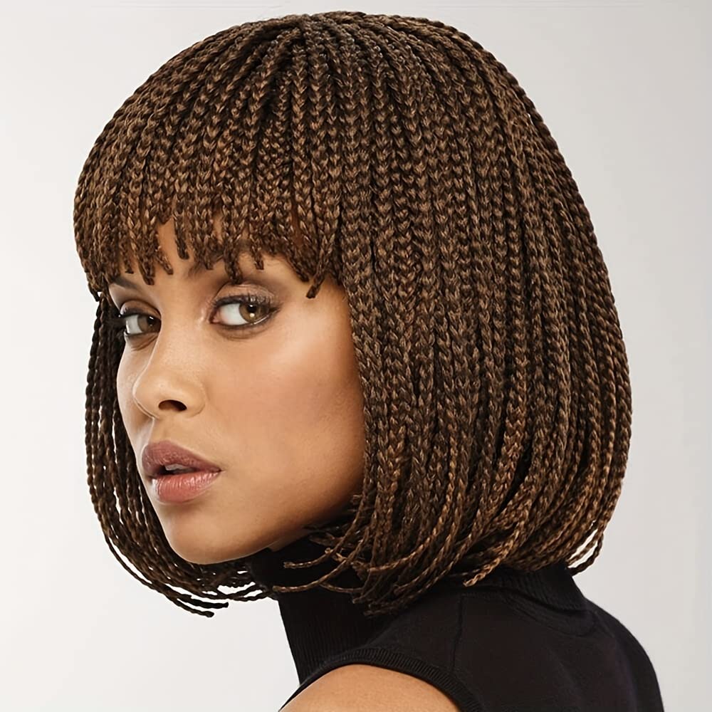 Box Braid Wig Synthetic Short Bob Wig Box Braided Wig with Bangs Cornrow Braided Wigs for Black Women (10 inches, Brown)
