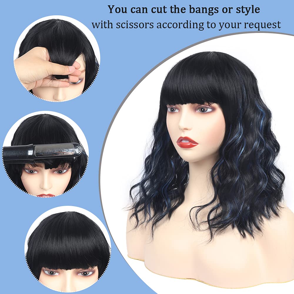 Black Mixed Brown Wig for Black Women 14 Inch Short Wavy Hair Wigs Curly Bob Wig with Bangs Wigs Shoulder Length Wigs for Black Women Bob Style Synthetic Heat Resistant Bob Wigs