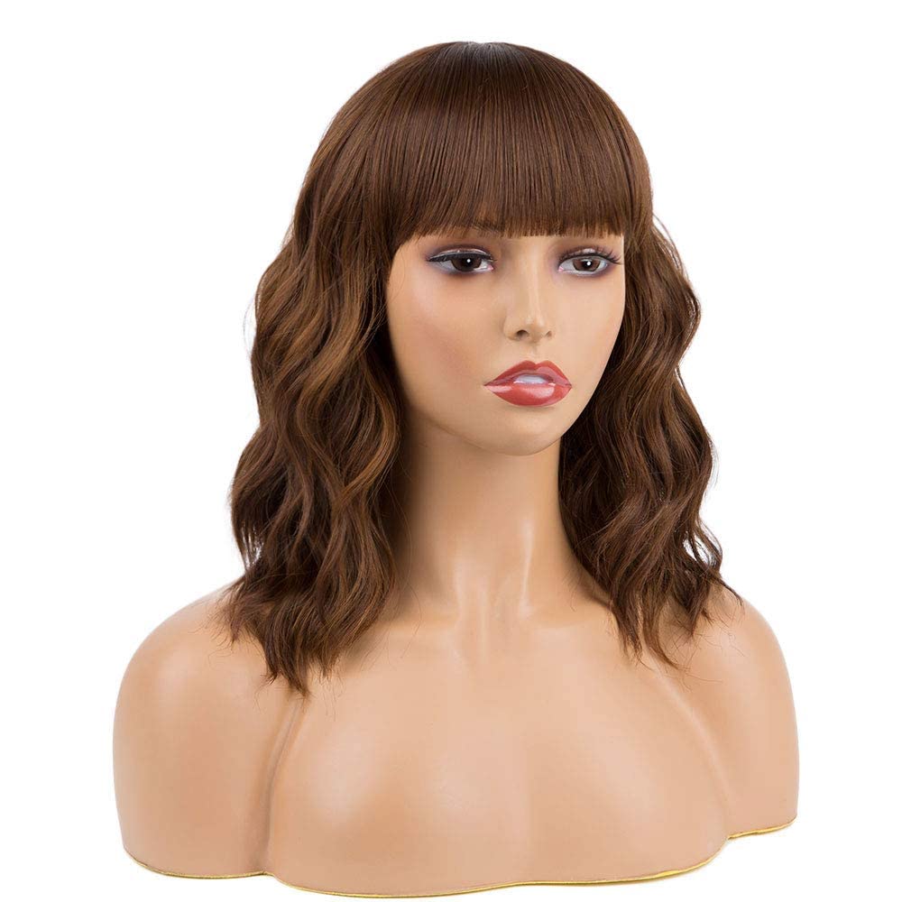 Black Mixed Brown Wig for Black Women 14 Inch Short Wavy Hair Wigs Curly Bob Wig with Bangs Wigs Shoulder Length Wigs for Black Women Bob Style Synthetic Heat Resistant Bob Wigs