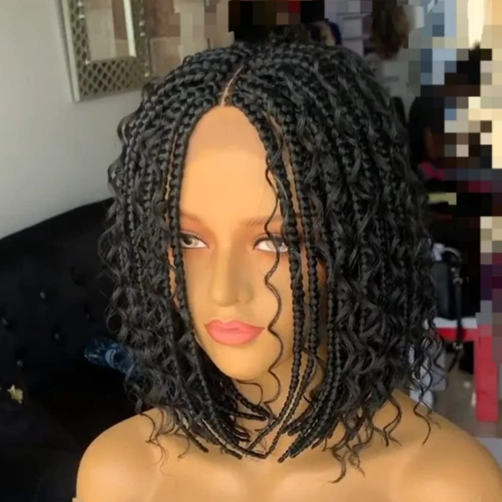 Box Braid Wig Synthetic Short Bob Wig Box Braided Wig with Bangs Cornrow Braided Wigs for Black Women (10 inches, Brown)