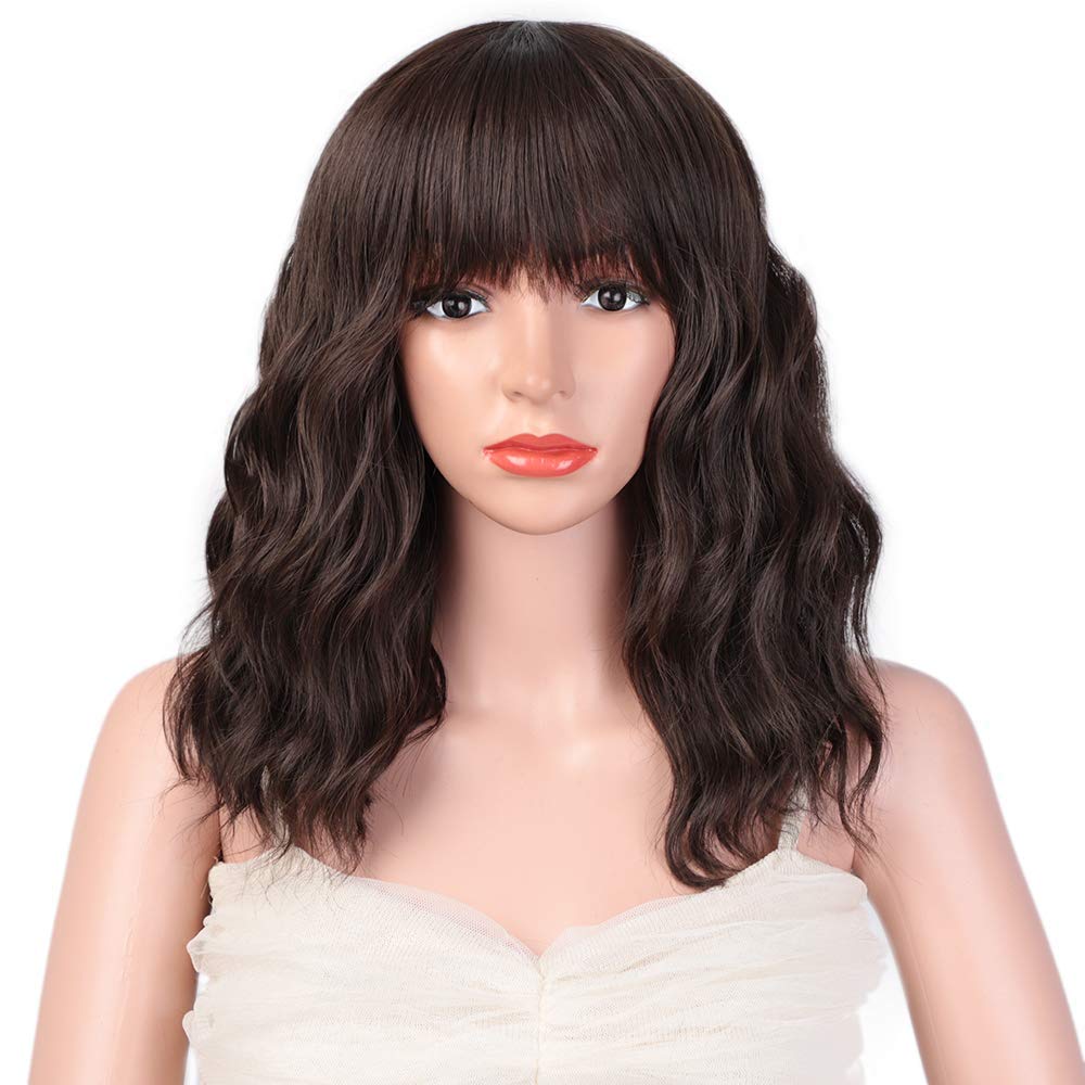 Black Mixed Brown Wig for Black Women 14 Inch Short Wavy Hair Wigs Curly Bob Wig with Bangs Wigs Shoulder Length Wigs for Black Women Bob Style Synthetic Heat Resistant Bob Wigs
