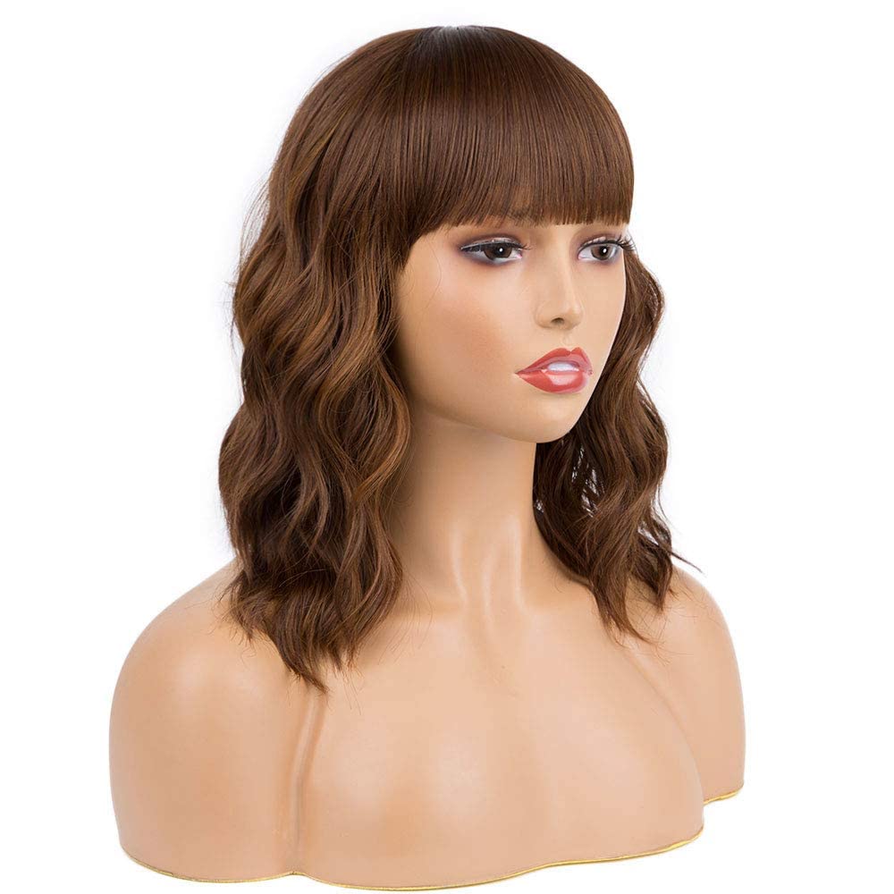 Black Mixed Brown Wig for Black Women 14 Inch Short Wavy Hair Wigs Curly Bob Wig with Bangs Wigs Shoulder Length Wigs for Black Women Bob Style Synthetic Heat Resistant Bob Wigs