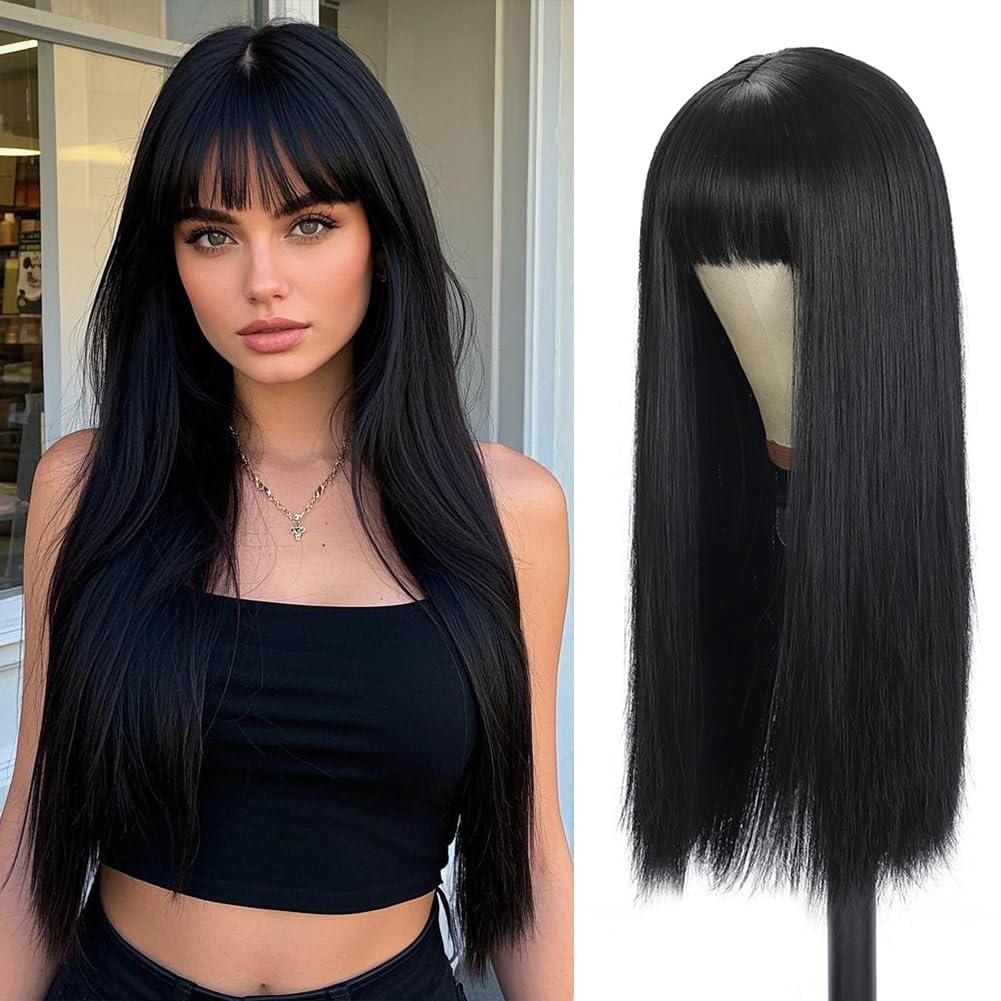 Blonde Highlight Wigs for Women, Blonde Mix Brown Wig with Bangs Silky Soft Fiber Synthetic Wig for Daily Party Use(24 Inch,Blonde Highlight)