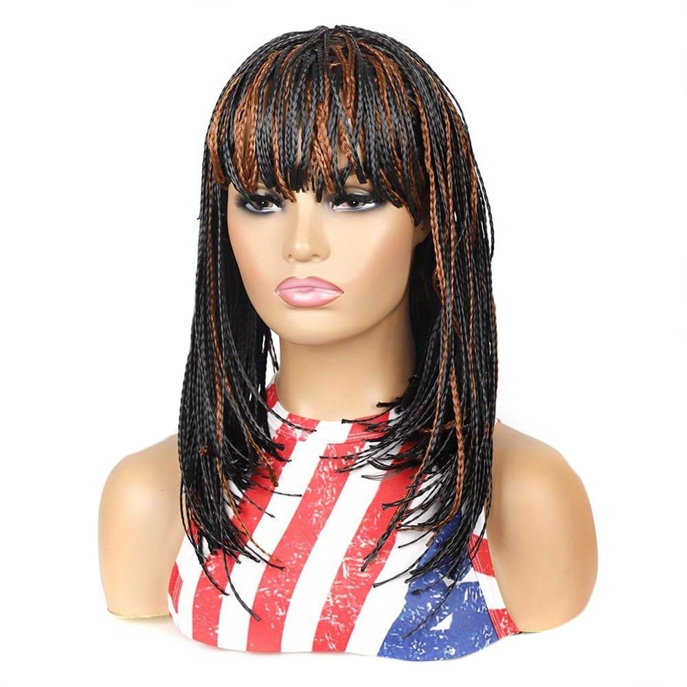 Box Braid Wig Synthetic Short Bob Wig Box Braided Wig with Bangs Cornrow Braided Wigs for Black Women (10 inches, Brown)