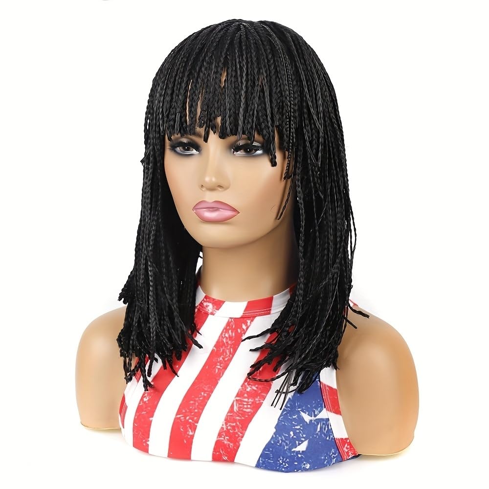Box Braid Wig Synthetic Short Bob Wig Box Braided Wig with Bangs Cornrow Braided Wigs for Black Women (10 inches, Brown)