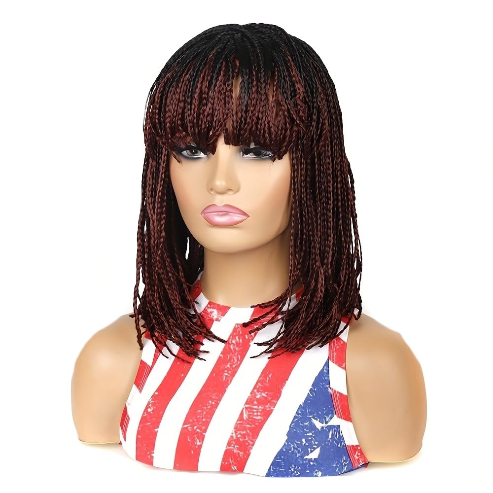 Box Braid Wig Synthetic Short Bob Wig Box Braided Wig with Bangs Cornrow Braided Wigs for Black Women (10 inches, Brown)