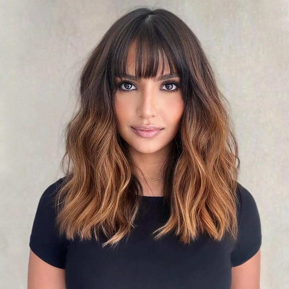 Black Mixed Brown Wig for Black Women 14 Inch Short Wavy Hair Wigs Curly Bob Wig with Bangs Wigs Shoulder Length Wigs for Black Women Bob Style Synthetic Heat Resistant Bob Wigs