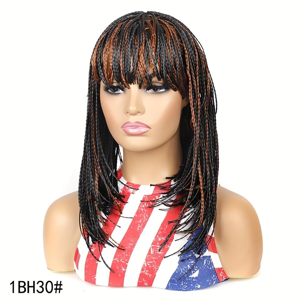 Box Braid Wig Synthetic Short Bob Wig Box Braided Wig with Bangs Cornrow Braided Wigs for Black Women (10 inches, Brown)