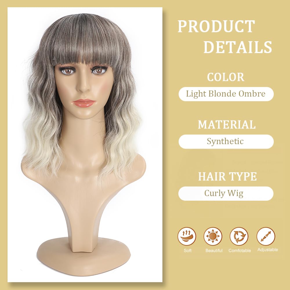 Black Mixed Brown Wig for Black Women 14 Inch Short Wavy Hair Wigs Curly Bob Wig with Bangs Wigs Shoulder Length Wigs for Black Women Bob Style Synthetic Heat Resistant Bob Wigs