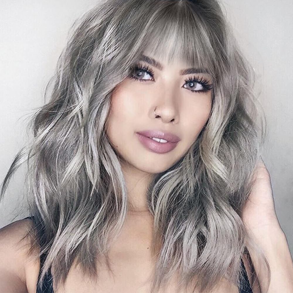 Black Mixed Brown Wig for Black Women 14 Inch Short Wavy Hair Wigs Curly Bob Wig with Bangs Wigs Shoulder Length Wigs for Black Women Bob Style Synthetic Heat Resistant Bob Wigs