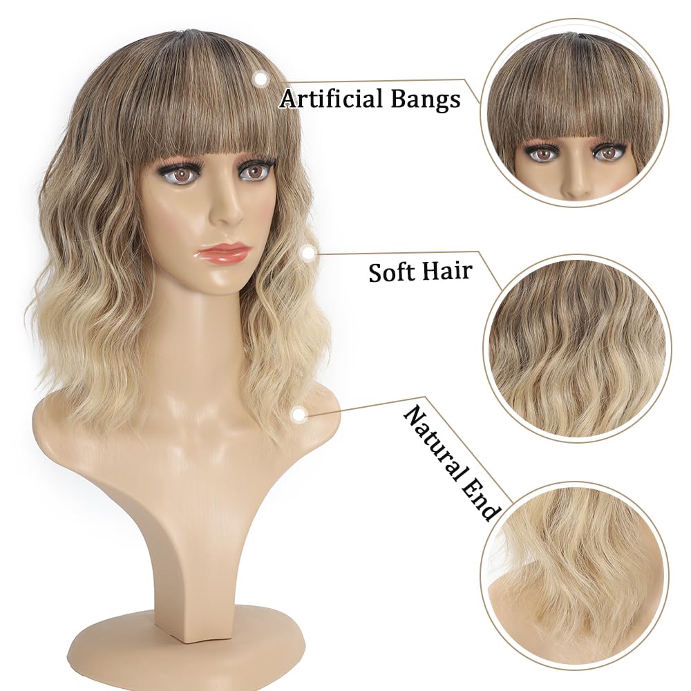 Black Mixed Brown Wig for Black Women 14 Inch Short Wavy Hair Wigs Curly Bob Wig with Bangs Wigs Shoulder Length Wigs for Black Women Bob Style Synthetic Heat Resistant Bob Wigs