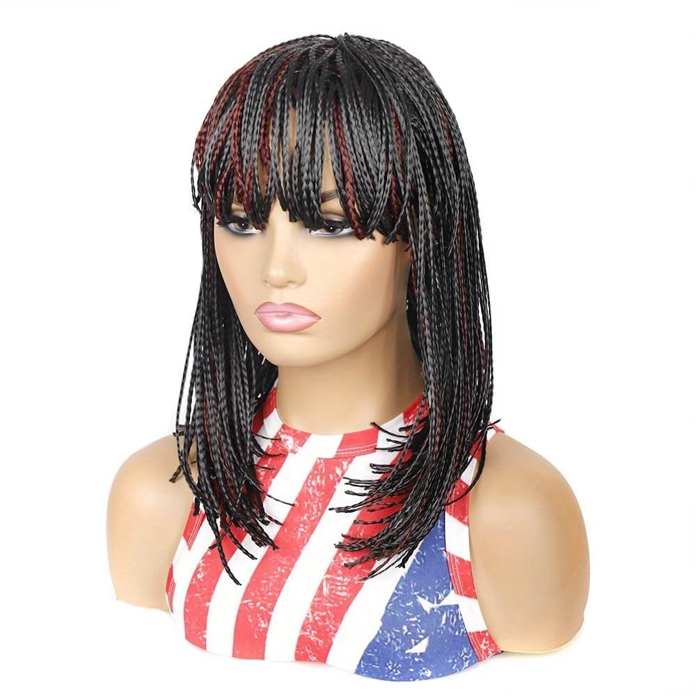 Box Braid Wig Synthetic Short Bob Wig Box Braided Wig with Bangs Cornrow Braided Wigs for Black Women (10 inches, Brown)