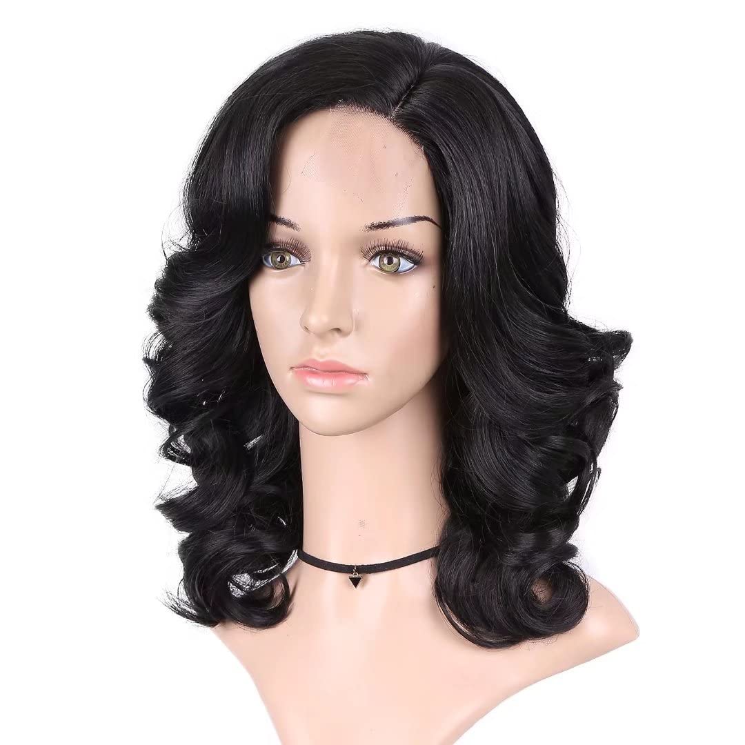 Lady Miranda Loose Wave Lace Part Wig Pure Color Nature Curly Synthetic Heat Resistant Weave Full Wigs for Women(Black)