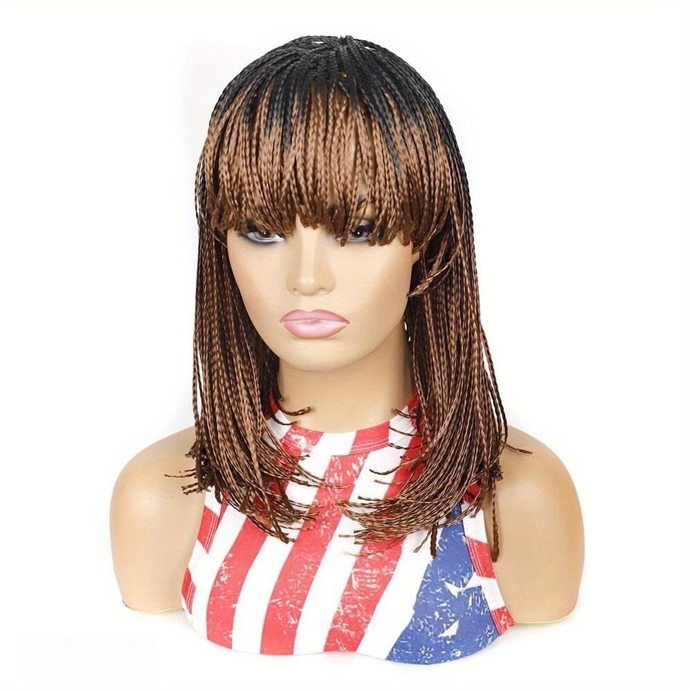 Box Braid Wig Synthetic Short Bob Wig Box Braided Wig with Bangs Cornrow Braided Wigs for Black Women (10 inches, Brown)