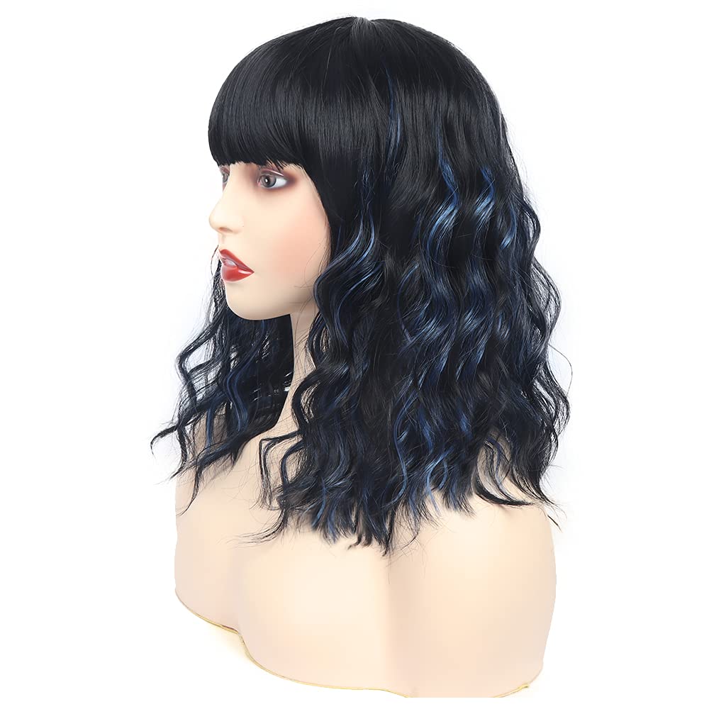 Black Mixed Brown Wig for Black Women 14 Inch Short Wavy Hair Wigs Curly Bob Wig with Bangs Wigs Shoulder Length Wigs for Black Women Bob Style Synthetic Heat Resistant Bob Wigs